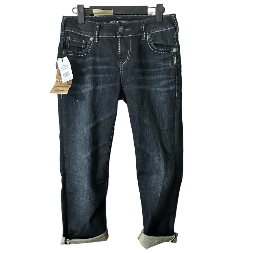 Silver Jeans Dark Blue Denim Fluid Suki Mid Straight Jeans 27W x 30L Embroidered